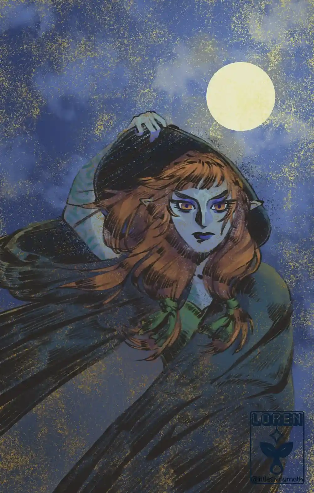 A character with red hair and a dark cloak stand in the moonlight and pulls her hood over her head.